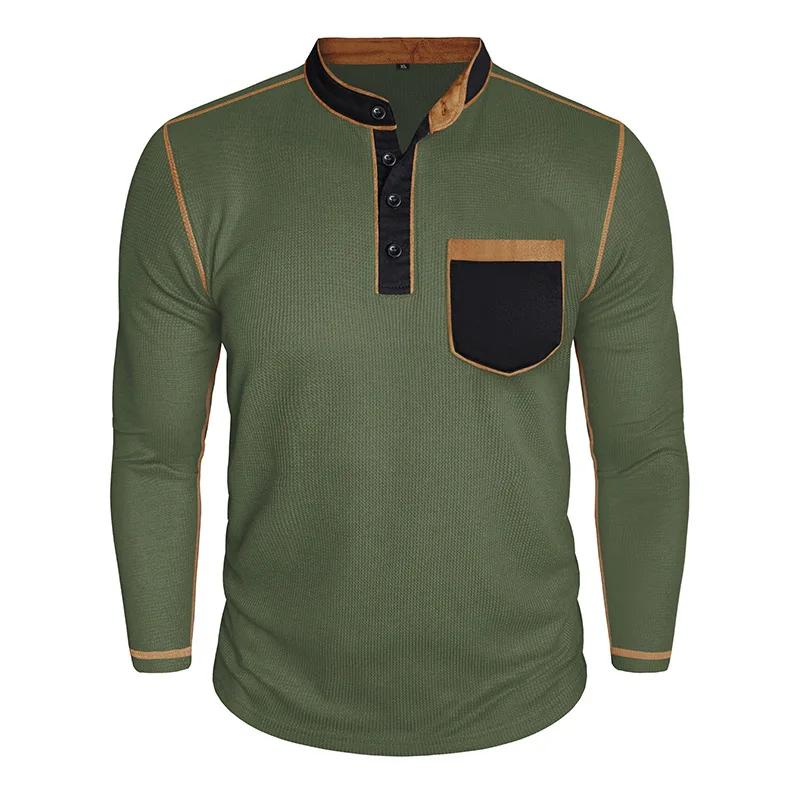 Men's Long Sleeve Stand Collar Henry Tshirt Casual Cotton Patchwork T-Shirt Autumn Winter Base Layer Shirt American Retro Tees