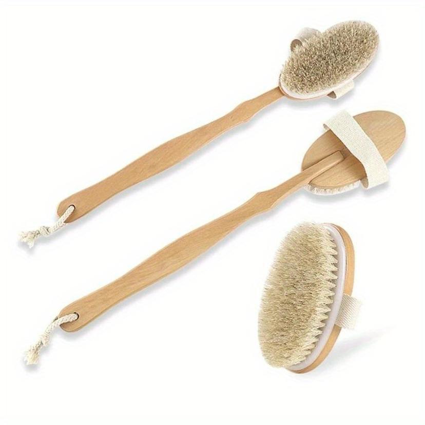 1 Pcs Long Handle Wooden Bath Brush Massage Brush Wooden Pig Bristle Scrub Bath Brush For Dry Skin Exfoliating And Body Massage