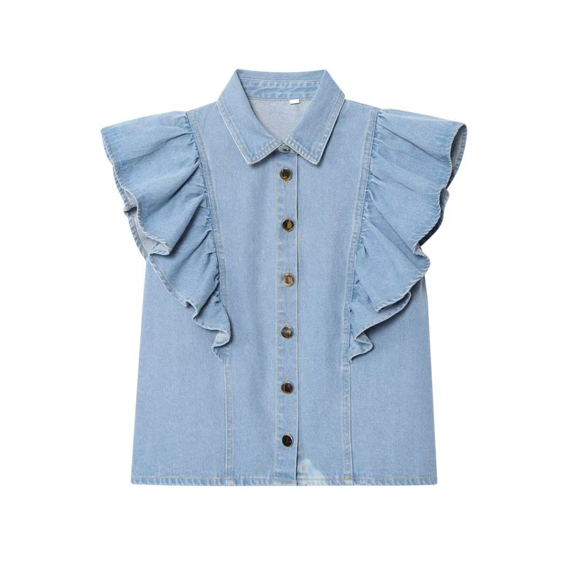 

Kaslead New Women clothes Western Style Fashion Simple Laminated Denim Button Buckle Shirts 9942155 Blue L