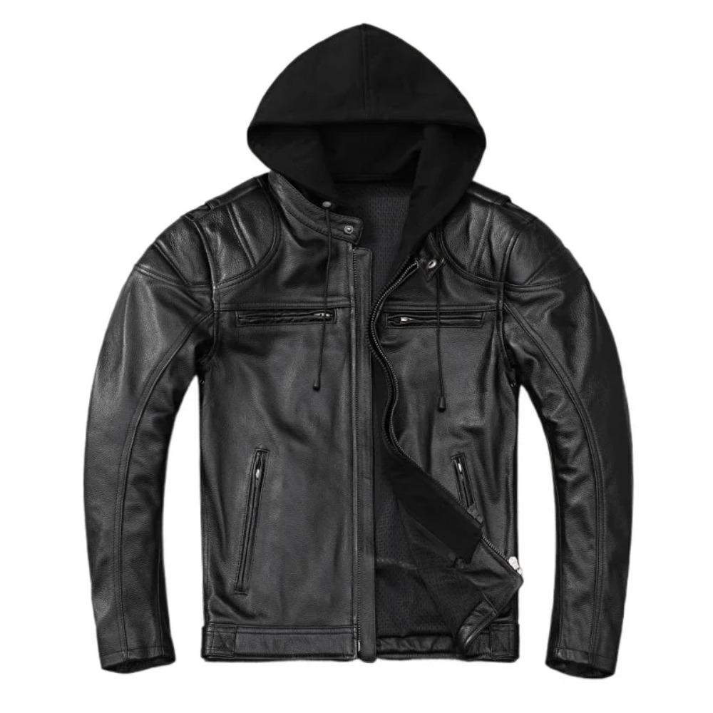 Chinese Size Heavy Motorcycle Jacket Hood Genuine Cowhide Men Leather Jacket Riding Biker Coat Winter Motorbike Jackets Warm Jaquetas