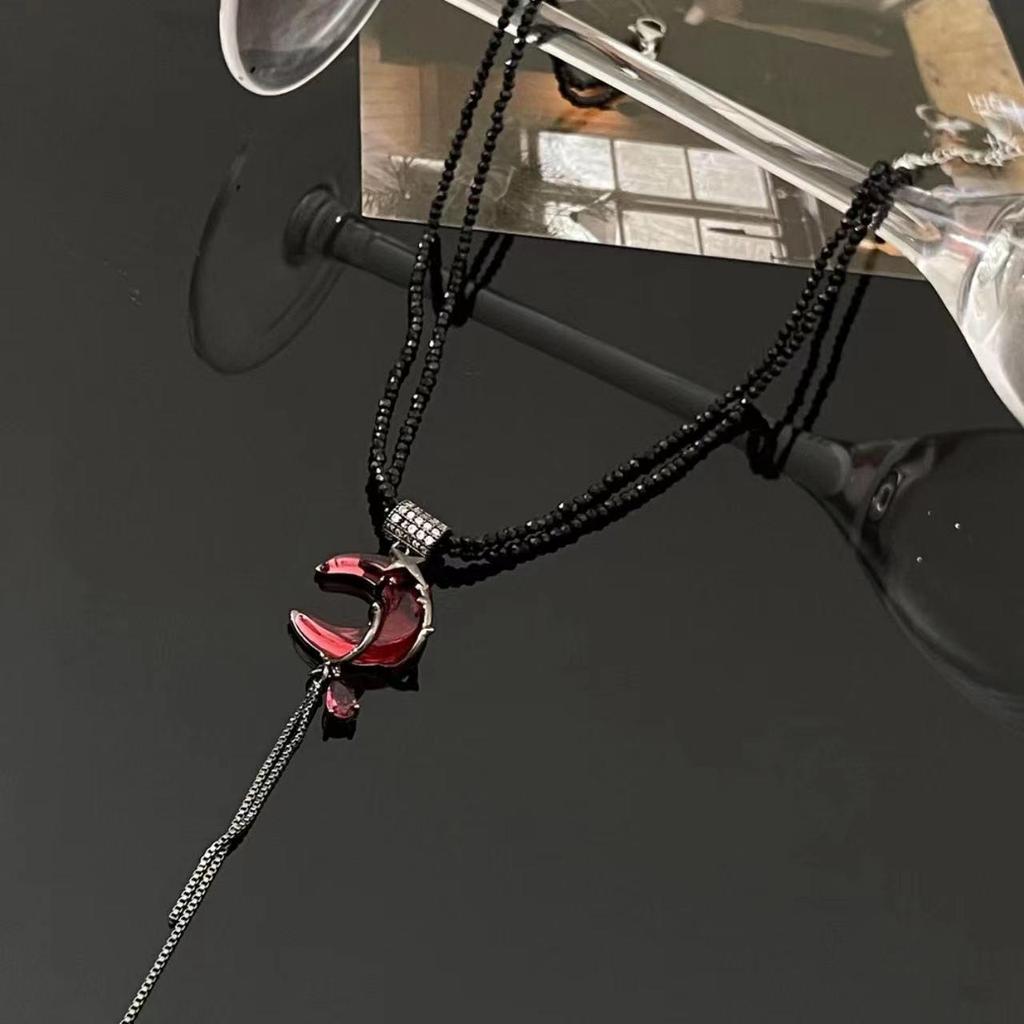 Dark Hot Girl Asymmetrical Red Crescent Tassel Earrings - New Chinese Style Niche Design