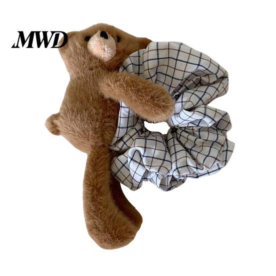 Hairband And Scrunchie Combo Plaid Fabric Hair Hoop, Non-Slip Headband with 3D Plush Bear Soft Doll Design, Sweet Style Accessories for Daily A