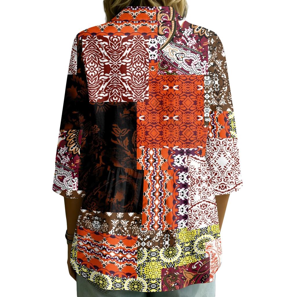Women's Vintage Floral Print Button Down Blouse, 3/4 Sleeve Relaxed Fit Shirt