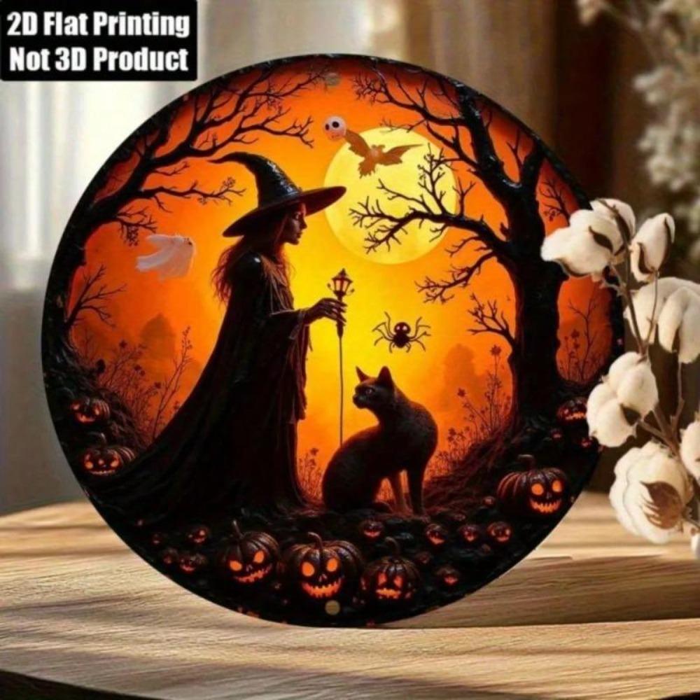Art Mural Métal Halloween Sorcière Chat Citrouille Rond 20x20 cm
