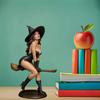 Sexy Witch Bookshelf Figurine Hand-Painted Resin Gothic Dark Fairy Witch Riding on Magic Broom Seductive Sorcery Witch Statue for Home Decor