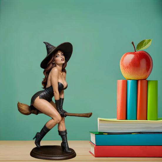 Sexy Witch Bookshelf Figurine Hand-Painted Resin Gothic Dark Fairy Witch Riding on Magic Broom Seductive Sorcery Witch Statue for Home Decor