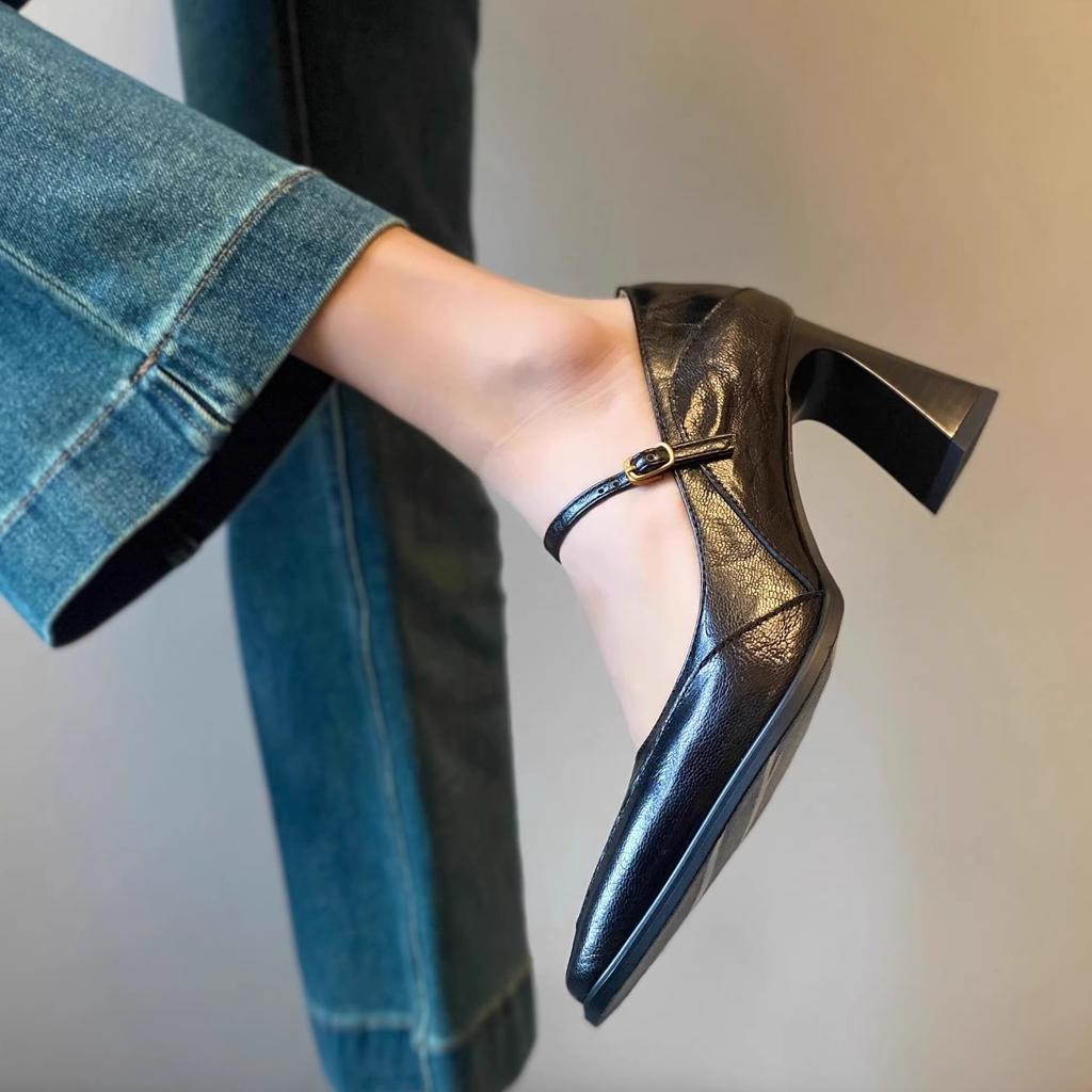 French Square Head Mary Jane Shoes Women's Spring and Summer 2025 Retro High Heels with Leather Light Mouth Thick Heel Single Shoes