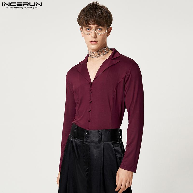 

INCERUN S-5XL Весенние мужские рубашки с лацканами и открытой спиной на шнуровке