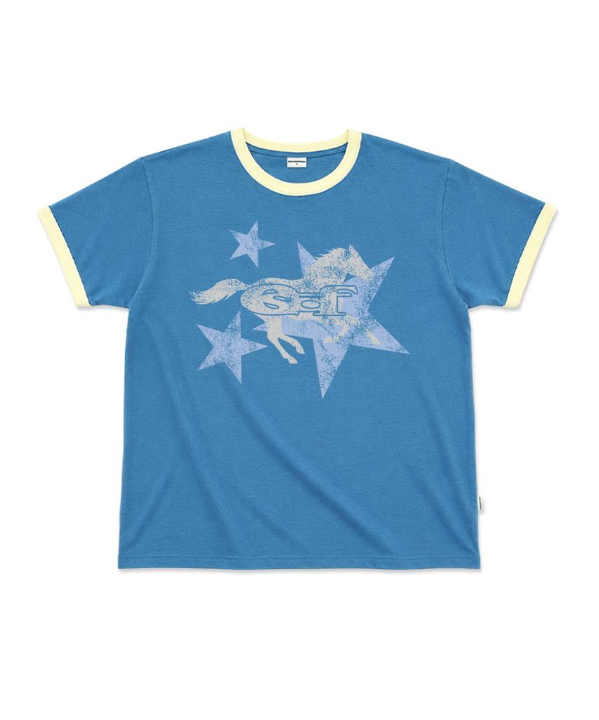 ESCAPEFROM [Escf X Hot Today] Lone Star Horse Roll-Up Point Short Sleeve T-Shirt Blue