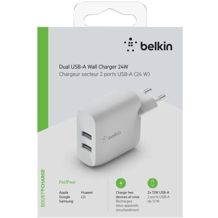 Belkin 12W Dual USB-A Wall Charger X2, White