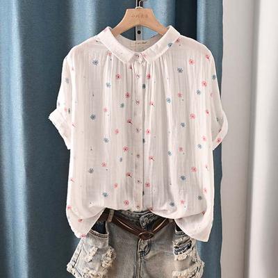 Chemise à manches courtes imprimée à revers, tempérament littéraire, pour femme, double couche, fil de coton, ample, décontractée