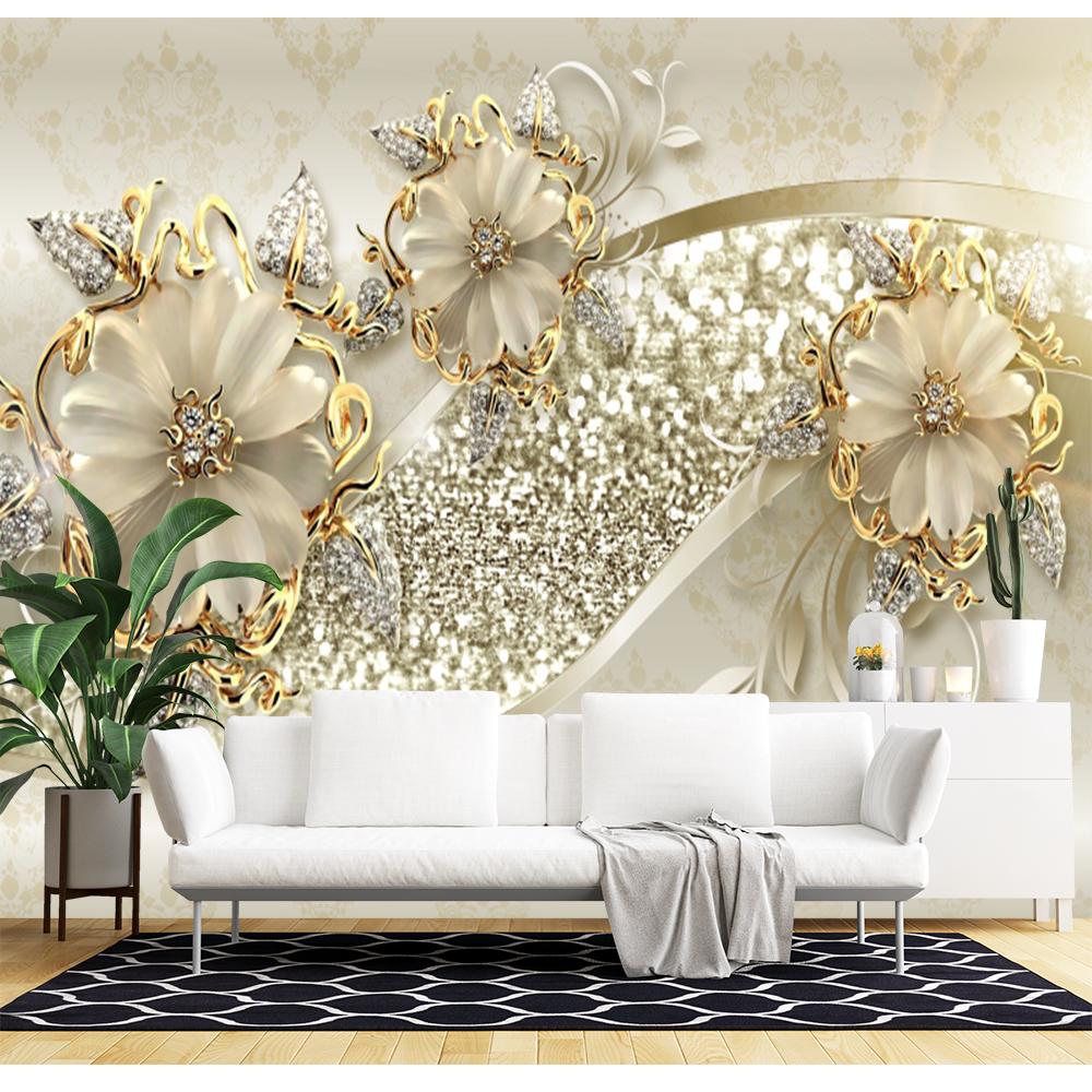 Luxury Golden Rose Jewelry Flower 3d Wallpaper For Living Room Bedroom Floral Wall Murals