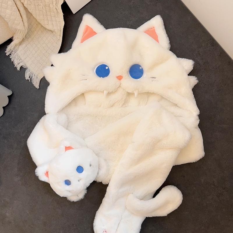 Lovely Cat Animal Hat Faux Fur Hooded Scarf Winter Thickened Cute Furry Ears Paw Gloves Hoodie Beanie Cap for Women Girls Lolita