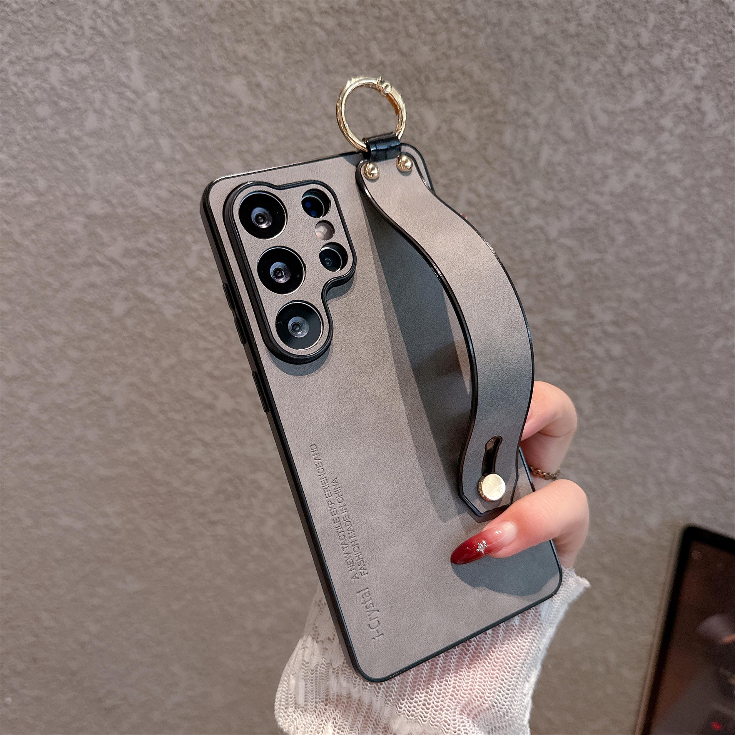 Étui de téléphone de luxe en cuir mat de mouton avec support pour Samsung S26 S25 S24 S23 S22 S21 Ultra Plus Housse antichoc avec dragonne Galaxy S25 Ultra gris