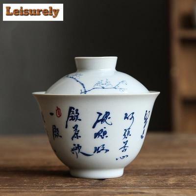 150ml Hand-painted Calligraphy Gaiwan Zen Grass Wood Gray Plum Tea Lid Set Tea Tureen Tea Maker Cover Bowl Tea Items Ornaments
