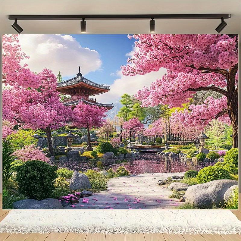 1pc Japanese landscape polyester background - cherry blossoms and pagoda design with Bridges and fountains - Party banner 130x150cm
