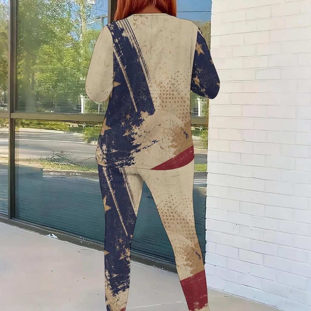Women Plus Size Round Neck Long Sleeve Printed Top And Fitted Pants Two Piece Set