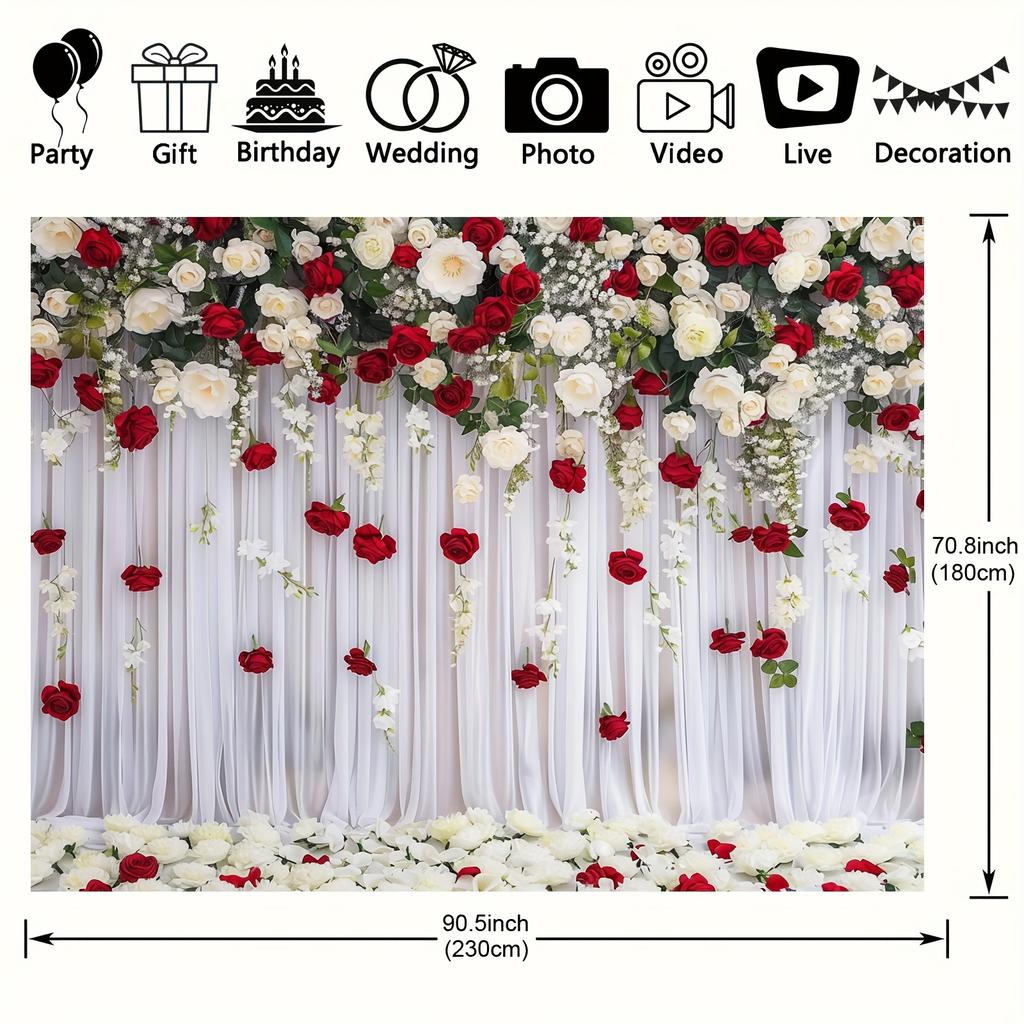 Elegante sfondo floreale, design con rose rosse e bianche, adatto per matrimoni, baby shower, compleanni, striscioni per feste all'aperto