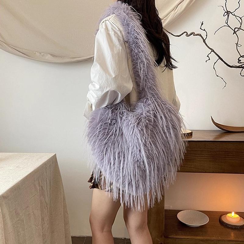 Women Fluffy Shoulder Bag Commuting Shopping Outdoor Travel Crossbody Bags Fashion Portable Female Heart Tote