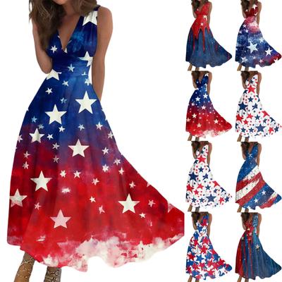 Robe Décontractée et Tendance pour Femmes avec Imprimé de la Fête de l'Indépendance, Col en V, Sans Manches
