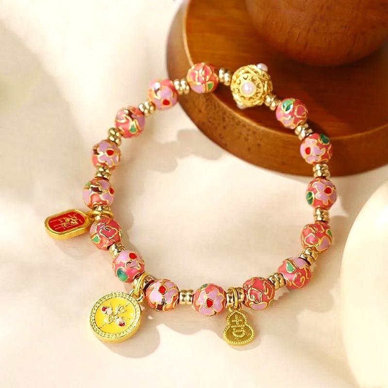 Rose Red Cloisonné Enamel Bracelet with Blooming Flowers and Yellow God of Wealth Design