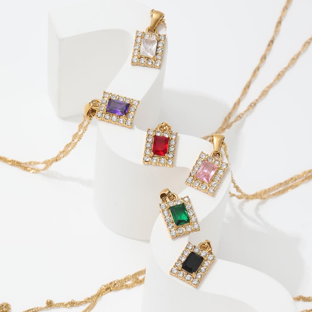Joolim Jewelry 18k Pvd Gold Plated Luxury Vintage Blue Emerald Clear Pink Purple Zirconia Rectangle Stainless Steel Pendant Ne