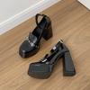 Fashion Women's Thick Heel Shoes Autumn New Round Head Shallow Mouth Rivets Metal Buckle Thick Sole Non-slip Super High Heels