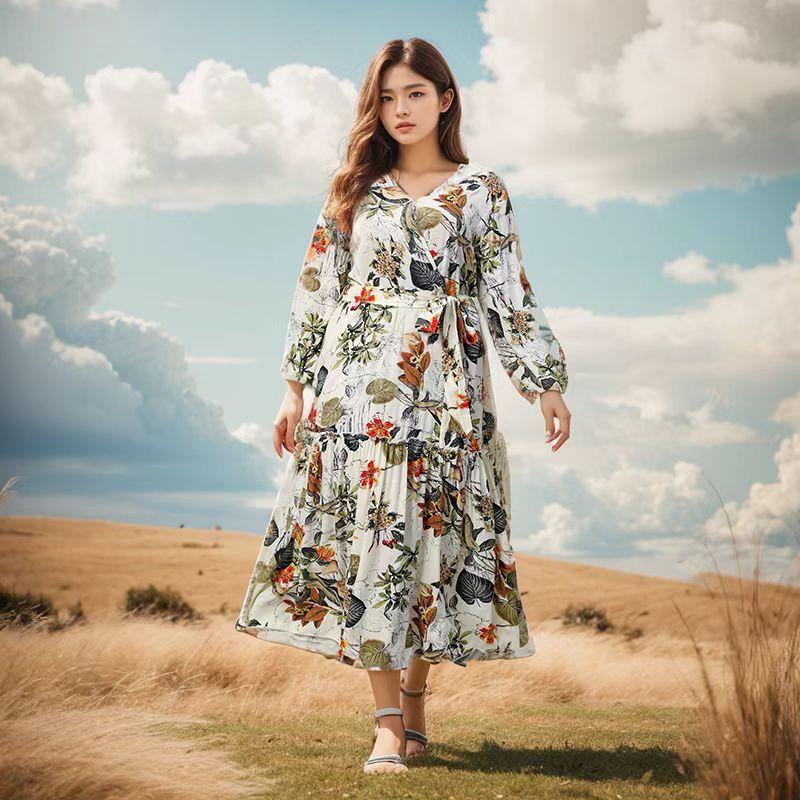 

Осеннее женское платье больших размеров с рукавами-фонариками и завязками, праздничное, с V-образным вырезом, приталенное, длинное платье с принтом 4XL абрикосовый