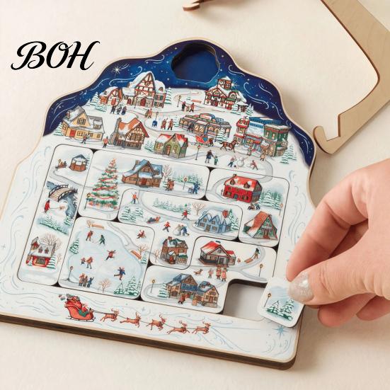 Festive Ritual Ornaments Christmas Puzzle Advent Calendar, Wooden Countdown Family Interactive Games Xmas Ornament for Home Table Mantel Decor Holiday