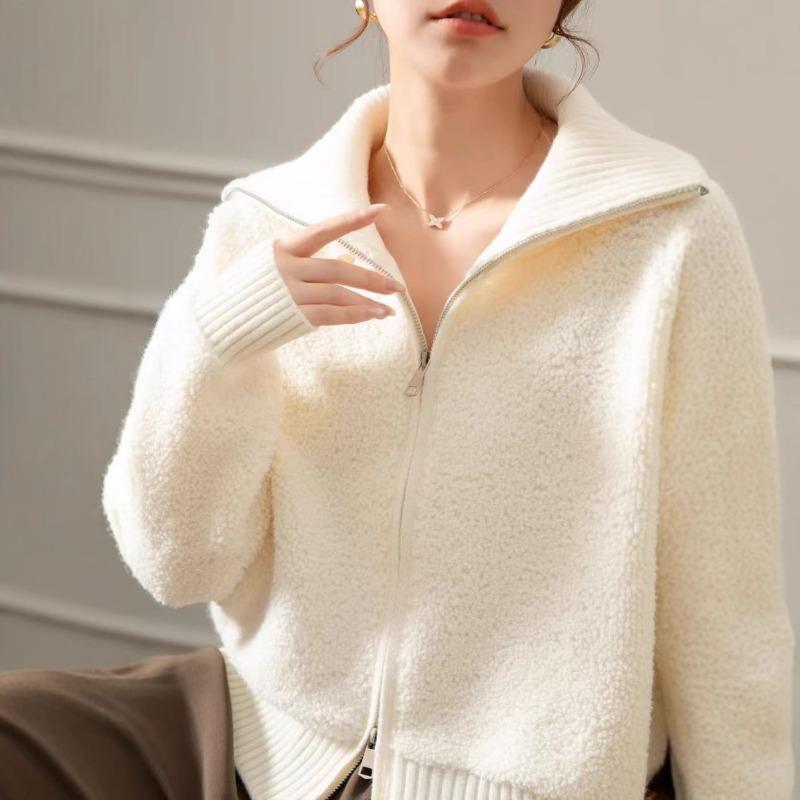 Autumn and Winter New Large Lapel Double Zipper Lamb Wool Knitted Cardigan Women's Lazy Style Versatile Sweater Jacket Women