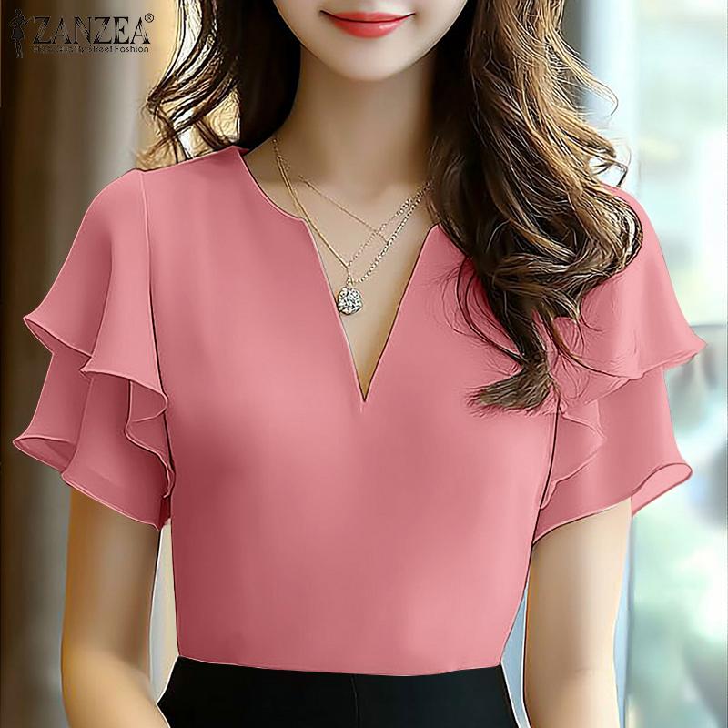 

ZANZEA Women Casual V-Neck Ruffles Short Sleeve Summer Blouse S абрикосовый