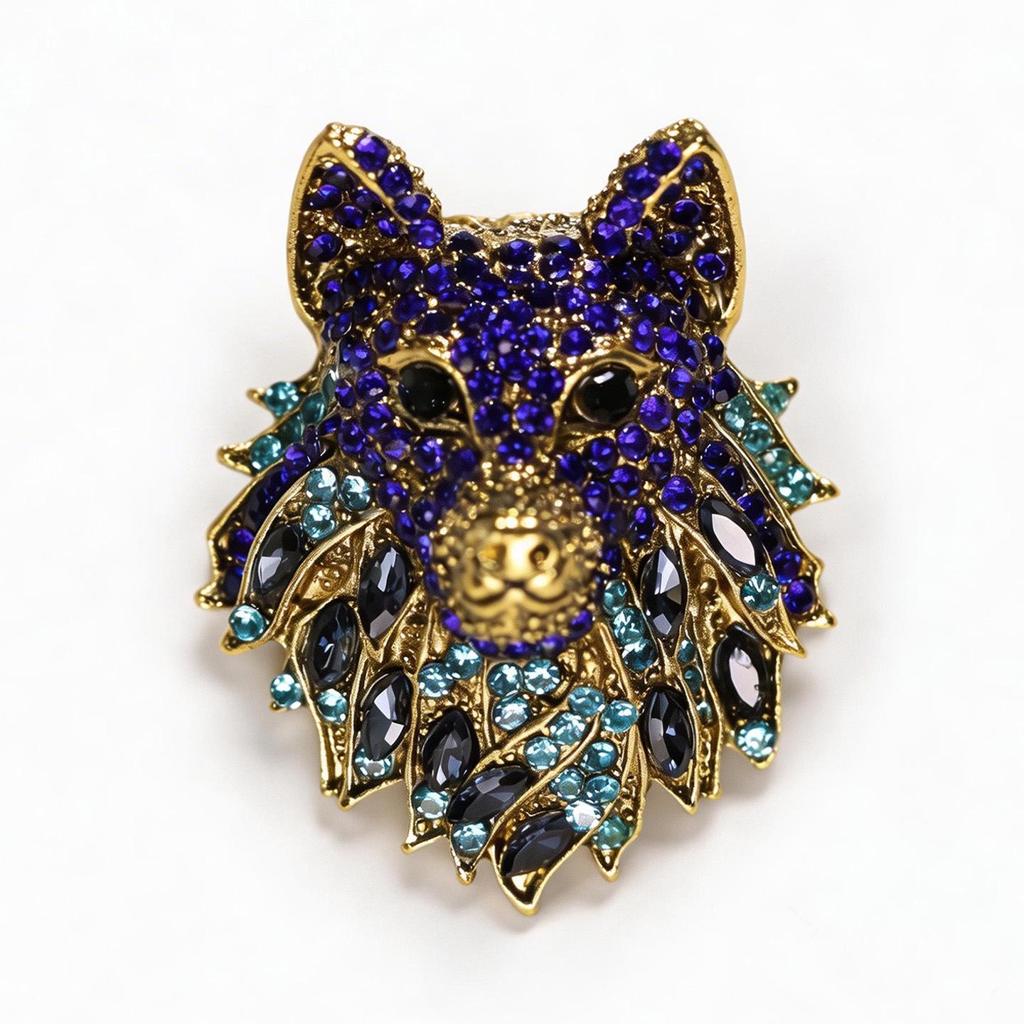Vintage Alloy Rhinestone Wolf Head Brooch - Three-Dimensional Animal Pin