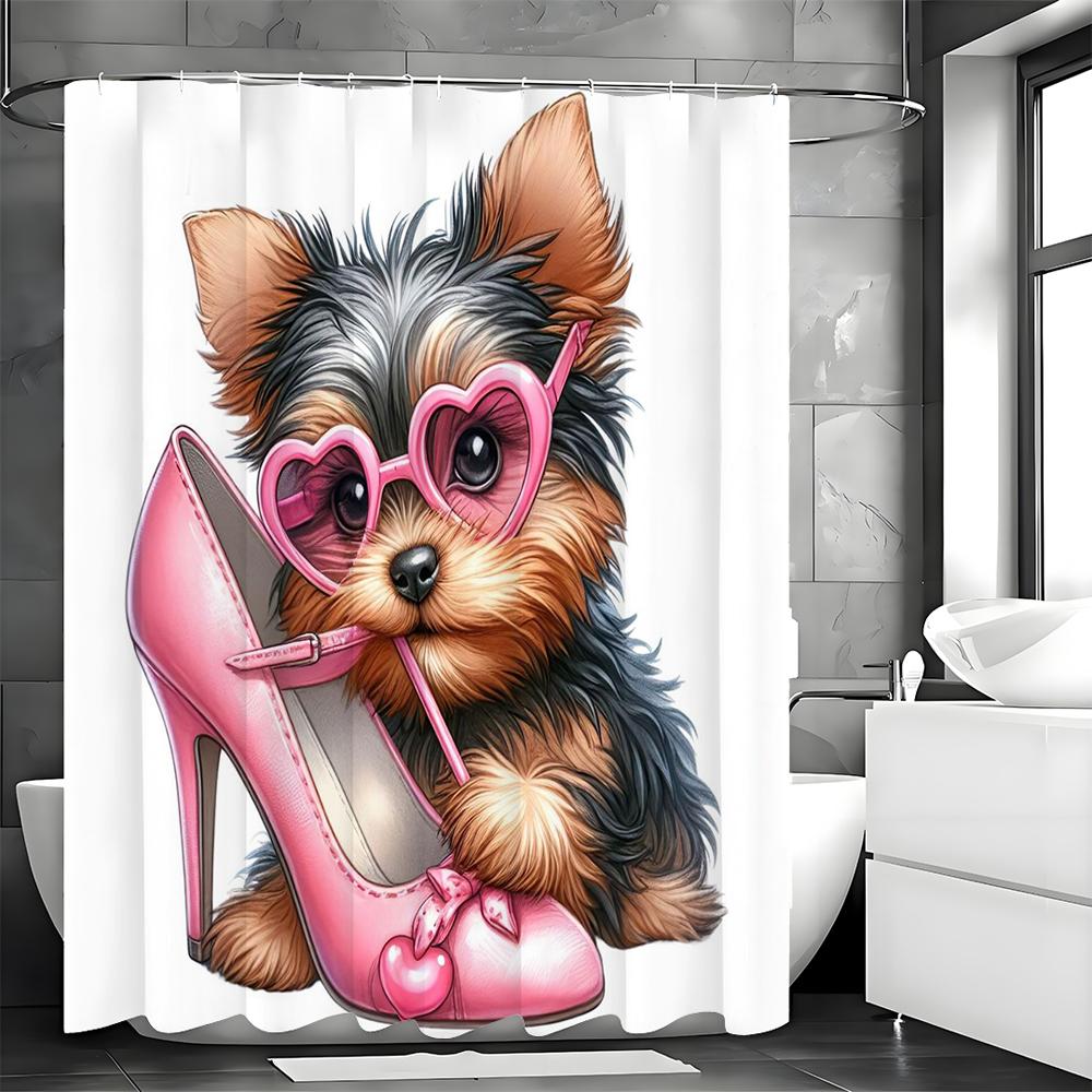 Cute Dog Shower Curtain with Sunglasses Biting Pink Heels, Bathroom Decorative Shower Curtain, Waterproof Shower Curtain with Ho
