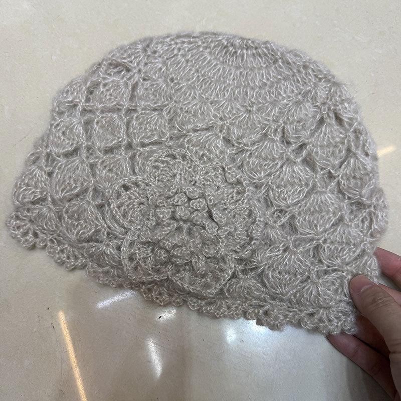 Autumn and winter double-layer handmade crochet three-dimensional flower versatile warm mohair headgear fashion woven hat women