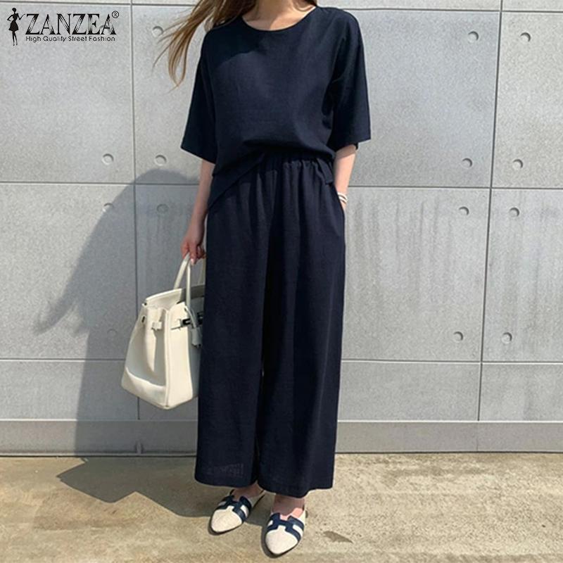 

ZANZEA Летние наряды Женщины Половина рукава Футболка и брюки Повседневный костюм Две части Комплект