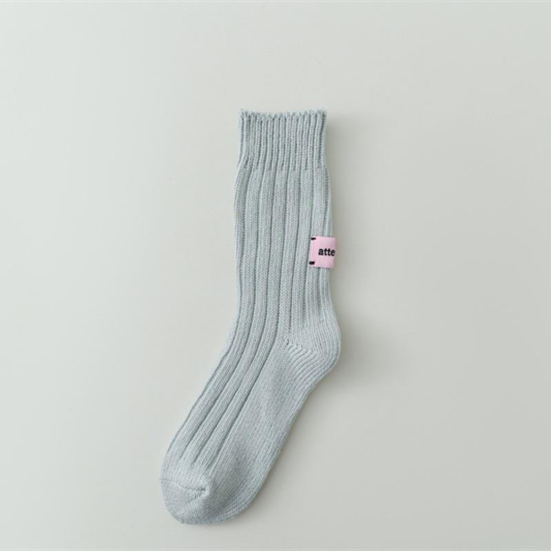 Japanese Pink Label Chunky Knit Mid-Calf Socks - Unisex Solid Color Raw Cotton