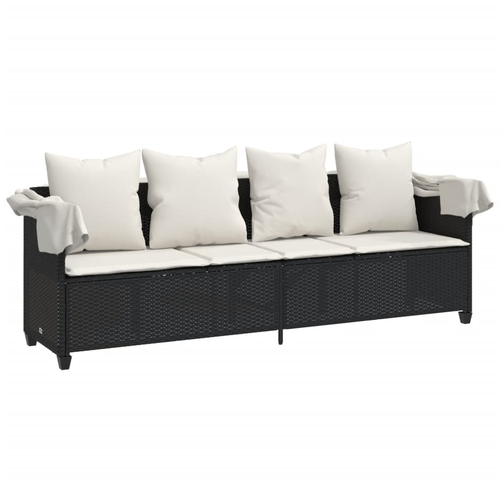 Sun Lounger with Canopy and Cushions Black Poly Rattan