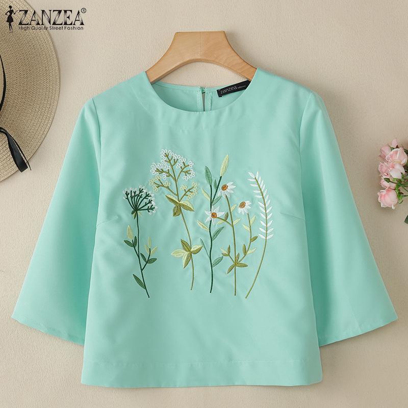 ZANZEA Women Casual Round Neck 3/4 Sleeve Loose Embroidery Blouse