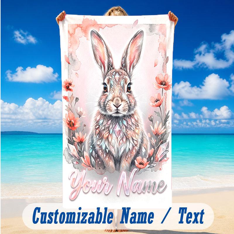 Easter Bunny Theme Beach Towel Personalized Custom Name & Text Soft Quick Dry Beach Towel for Swimming Travel