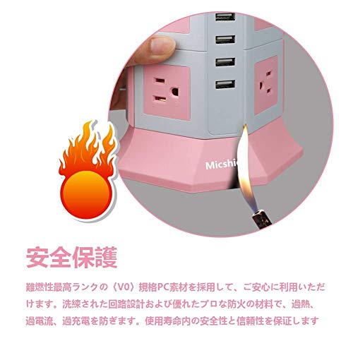 Micshion Tower-Style Power Strip with 2 Bipolar Switches, 8 AC Outlets, 4 USB Ports (4.5A/5V), 1500W, 100V-125V Input, Fast Charging, Lightning and Ov