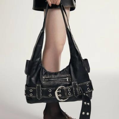 New Y2K Spice Girl Wasteland Wind Retro Tote Bag Women's Large Capacity Premium Black Underarm Bag Locomotive Wind Shoulder Bag