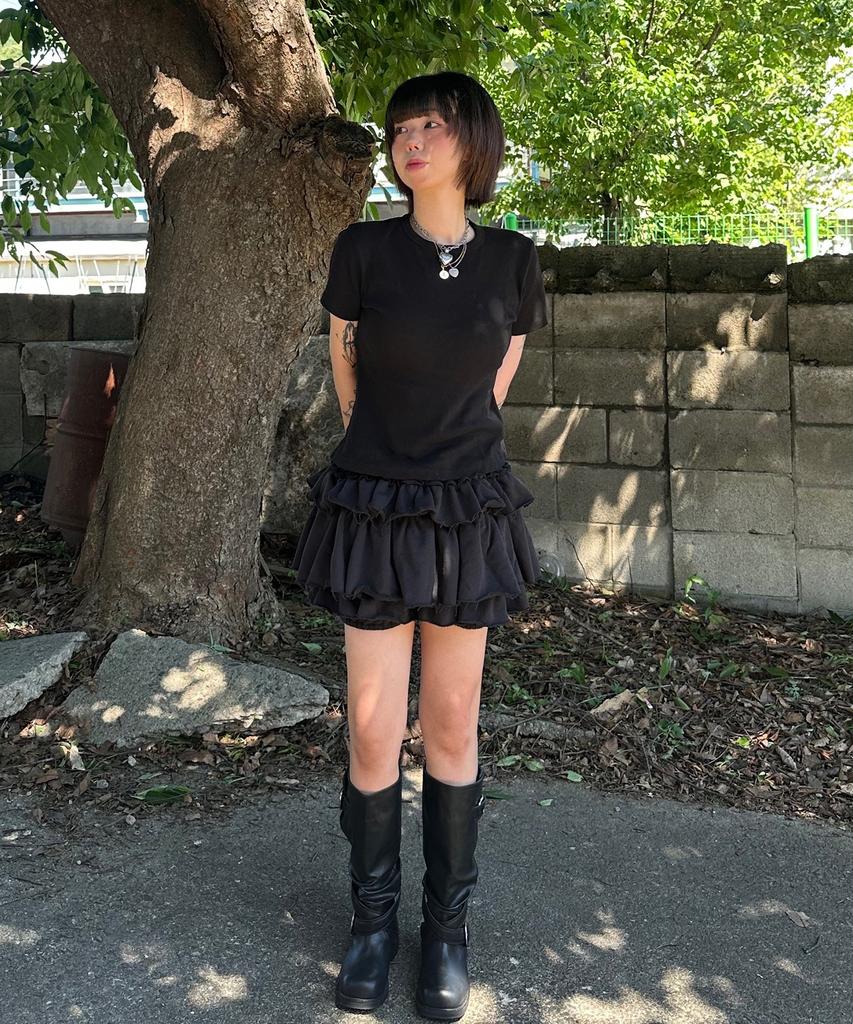 PLASMA SPHERE Tutu Tiered French Ferry Shirred Tiered Mini Skirt Pants_Black