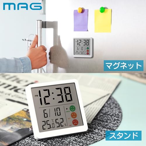 MAG Thermometer/Hygrometer, Digital Temperature and Humidity Meter, Environmental Guide Display, Comfortable, High Humidity, Dry, Clock Display, Compa