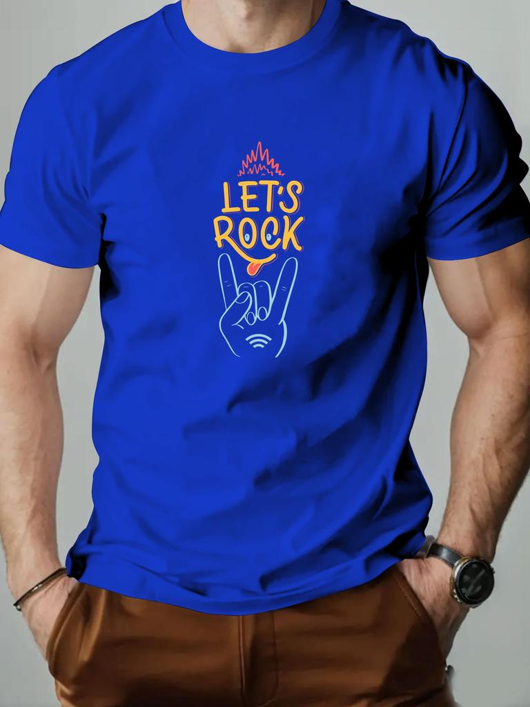 Mens Cotton Tshirt LETS ROCK Summer Round Neck Shortsleeved Graphic Breathable Fashion Casual Tshirt