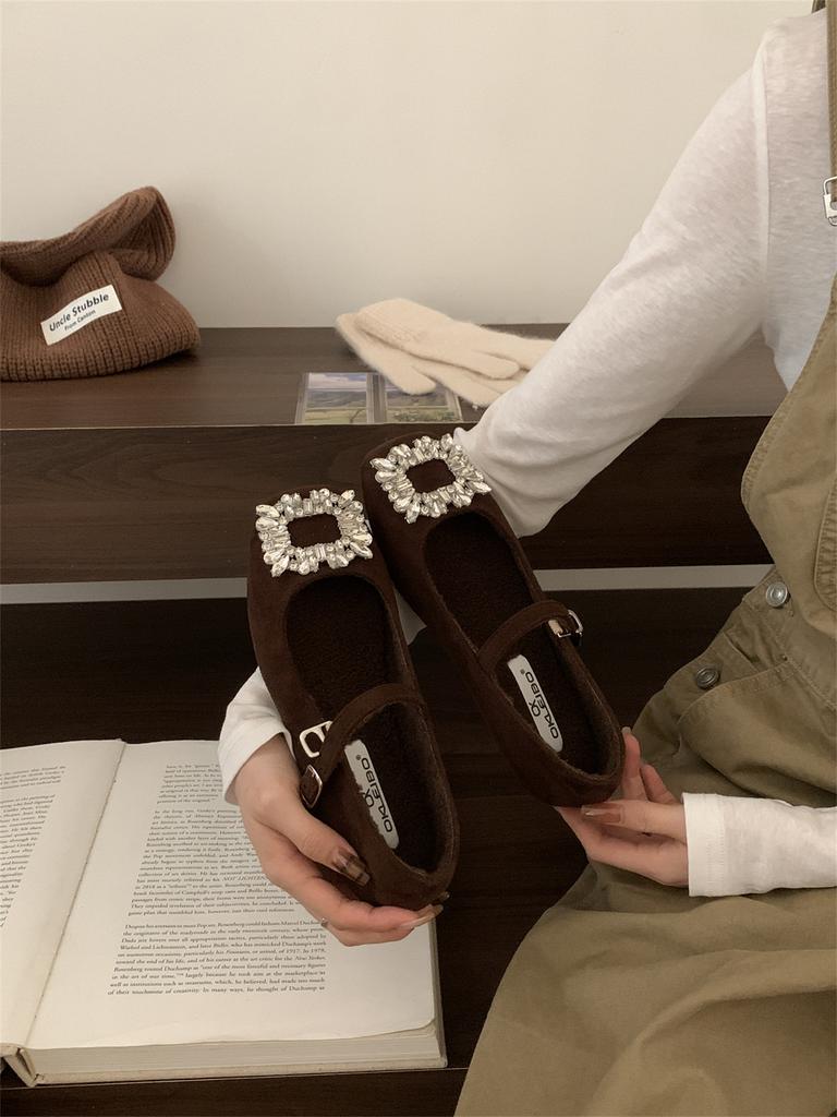 Women's Temperament Mary Jane Shoes Women's Velvet French Evening Breeze Square Head Rhinestone Woolen Shoes Women's Winter Flat Shoes