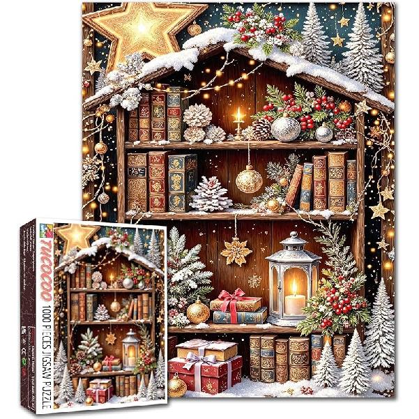 Рождественские книжные полки Пазлы для взрослых Рождественские книги 1000 деталей Пазлы для сложной семейной активности Игры Уникальные цветы Арт-пазл 1000 Pieces