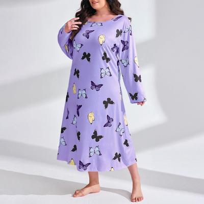 Nachthemd in Übergröße mit Schmetterlingsdruck, Rundhalsausschnitt, lockeres Lounge-Outfit für Zuhause, lange Ärmel, wadenlange Nachtwäsche