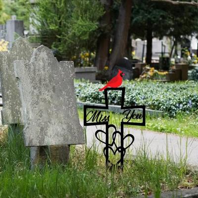 Cemetery Memorial Plaque Metal Religious Red Bird Heart Sign Miss You Decoration Outdoor Ground Stake for Graves Remembrance