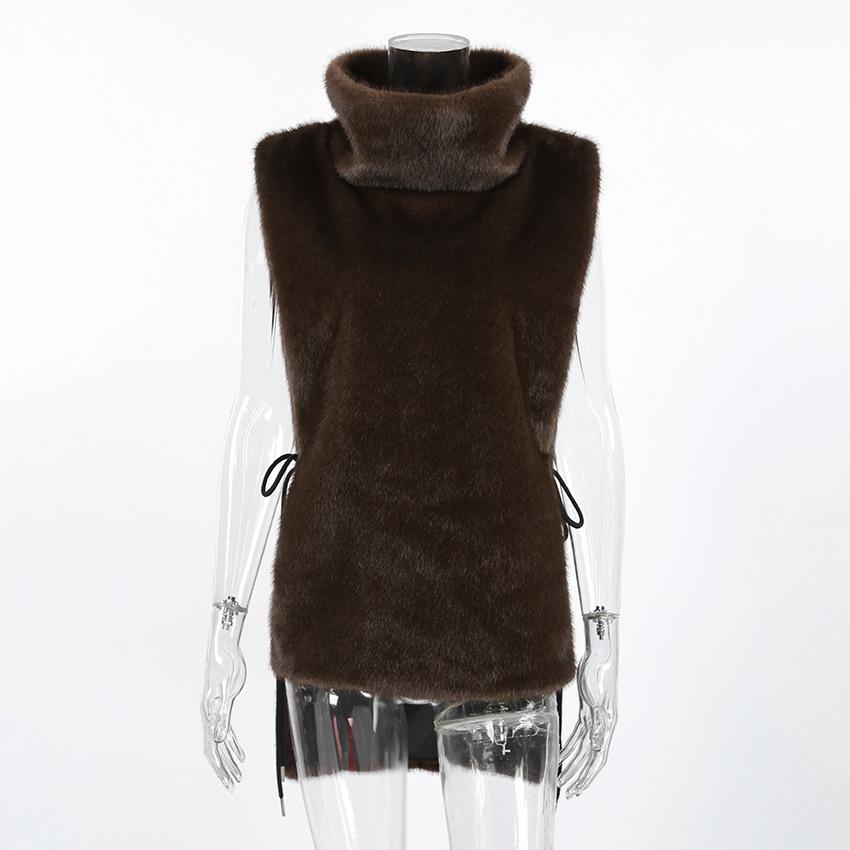 Autumn and winter fashion imitation fur vest women's new European and American temperament commuting versatile plush sleeveless turtleneck vest