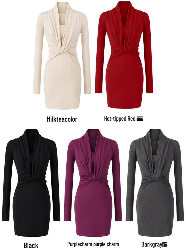Spicy Girl Sexy Mature Deep V-Neck Long Sleeve A-Line Mini Dress for Spring/Summer 2026